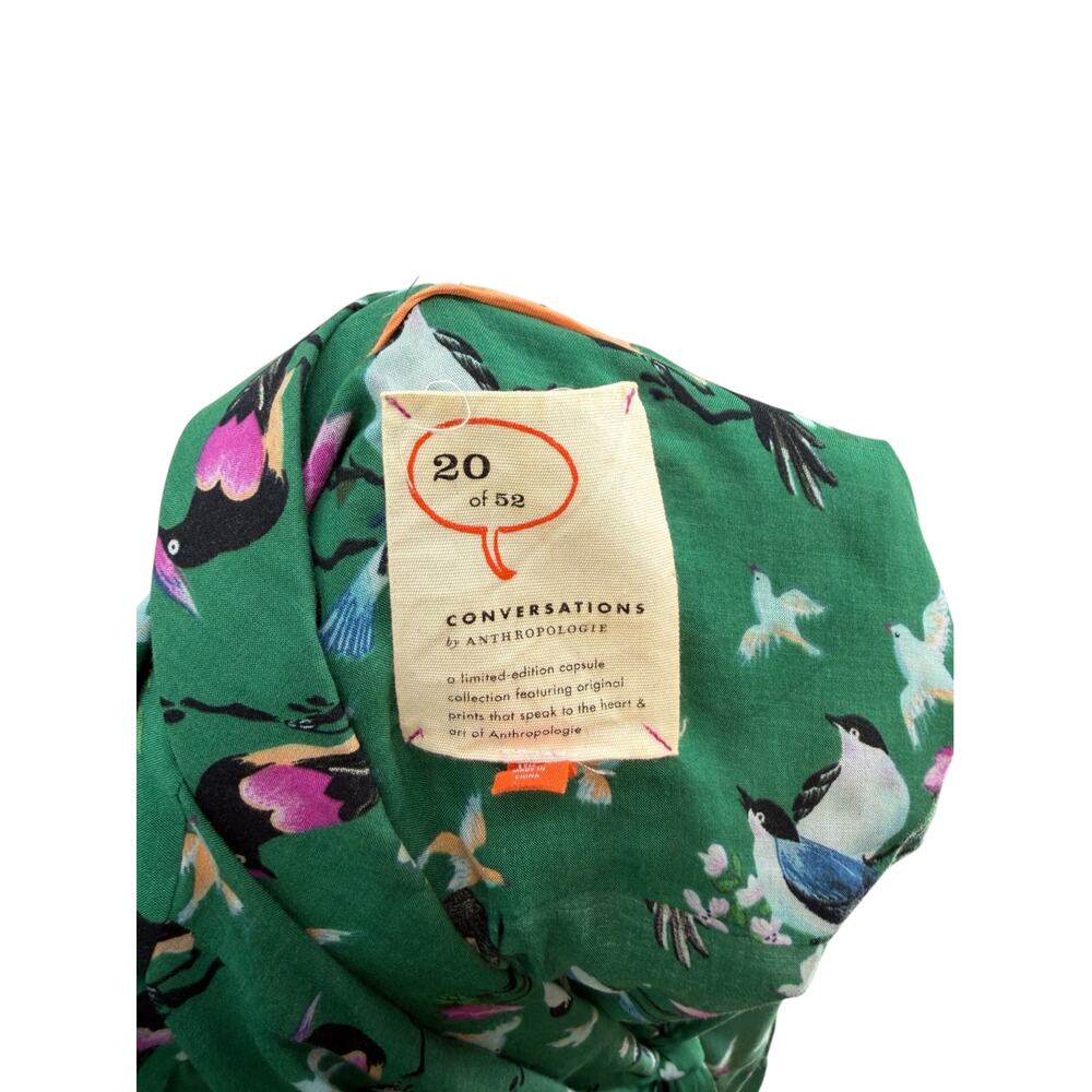 Anthropologie 20 of 52 Conversations Bird Print Tie Neck Blouse Green Size 12 - Picture 8 of 11